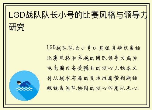 LGD战队队长小号的比赛风格与领导力研究